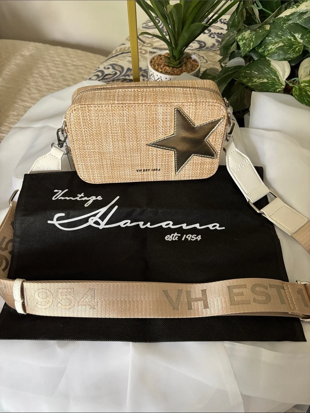 Vintage Havana Beige Woven Crossbody with Gold Star